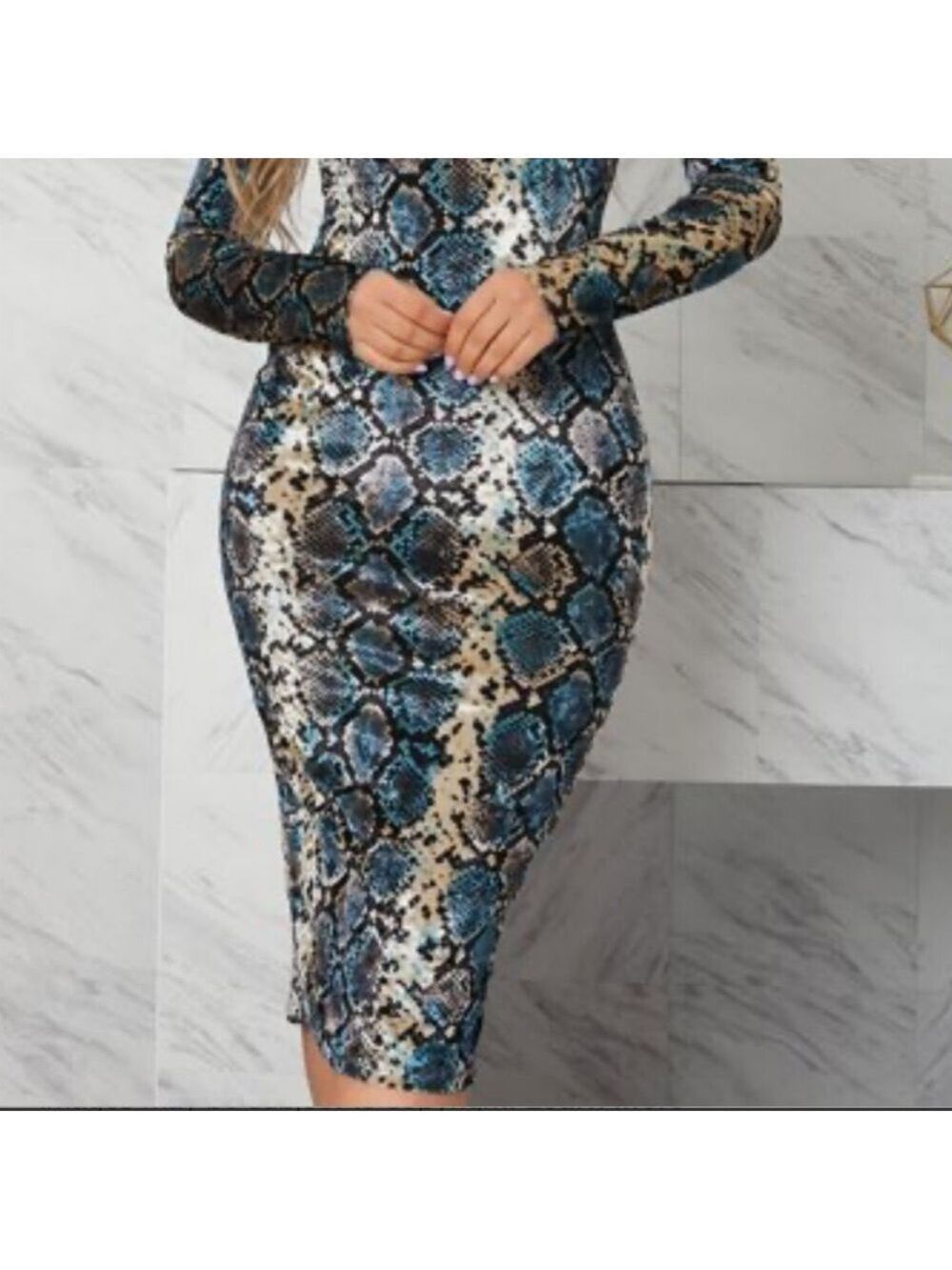SHEIN Blue and Brown Snake Print Long Sleeve  women Dress Size L Stretch NWOT